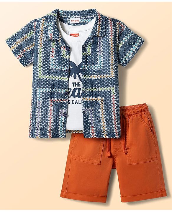 Babyhug Woven Half Sleeves Printed Shirt & Shorts With Inner Tee - Multicolor