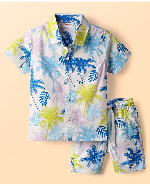 Babyhug Twill 100% Cotton Woven Half Sleeves Shirt & Shorts Co-Ord Set With Tropical Print - White