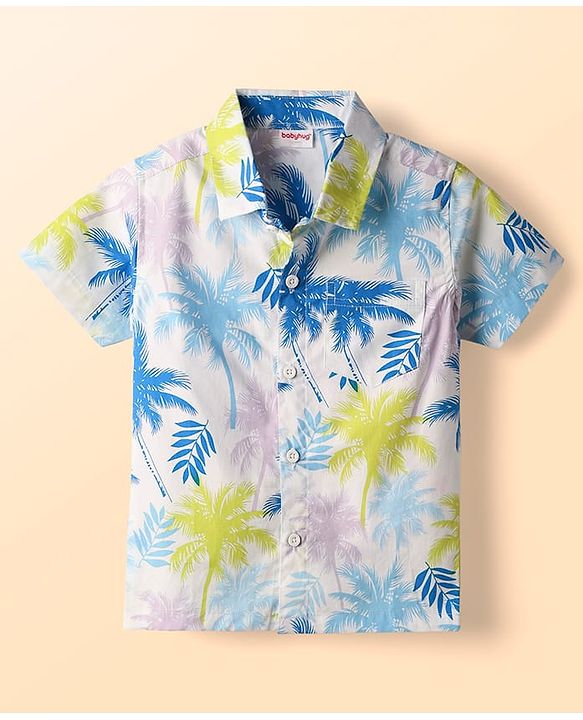 Babyhug Twill 100% Cotton Woven Half Sleeves Shirt & Shorts Co-Ord Set With Tropical Print - White
