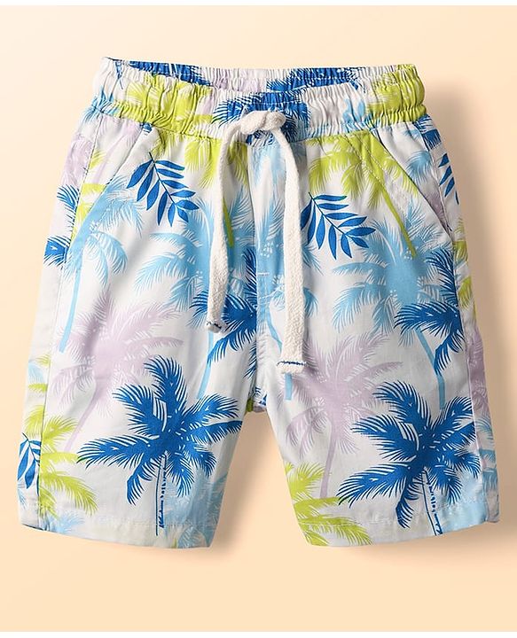 Babyhug Twill 100% Cotton Woven Half Sleeves Shirt & Shorts Co-Ord Set With Tropical Print - White