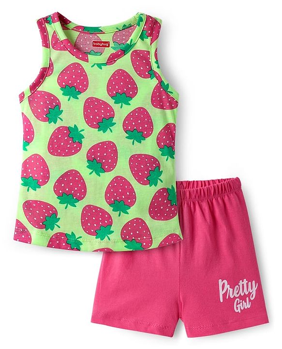 Babyhug 100% Cotton Knit Sleeveless Sando  & Shorts Set With Strawberry Print - Light Green & Pink