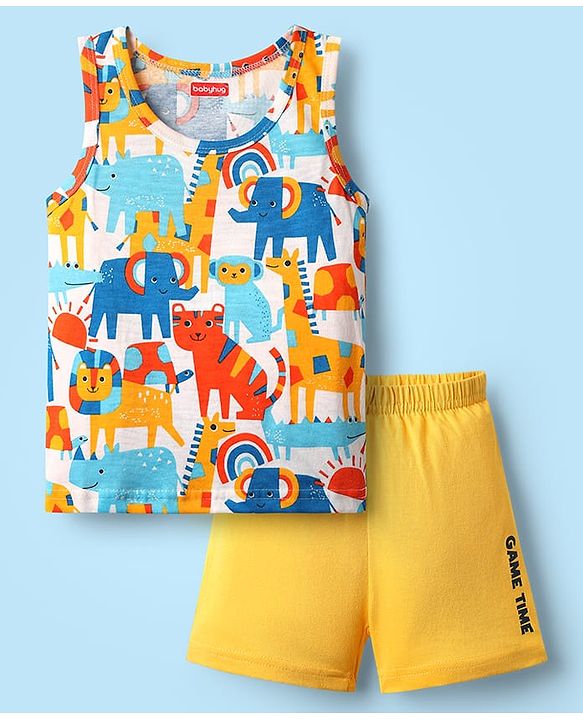 Babyhug 100% Cotton Single Jersey Knit Sleeveless Sando & Short Set With Animal Print - Yellow