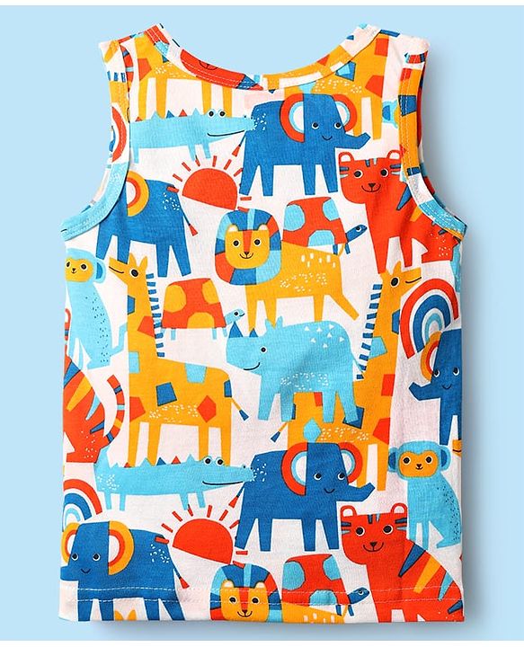 Babyhug 100% Cotton Single Jersey Knit Sleeveless Sando & Short Set With Animal Print - Yellow