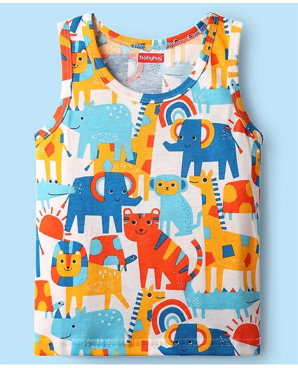 Babyhug 100% Cotton Single Jersey Knit Sleeveless Sando & Short Set With Animal Print - Yellow