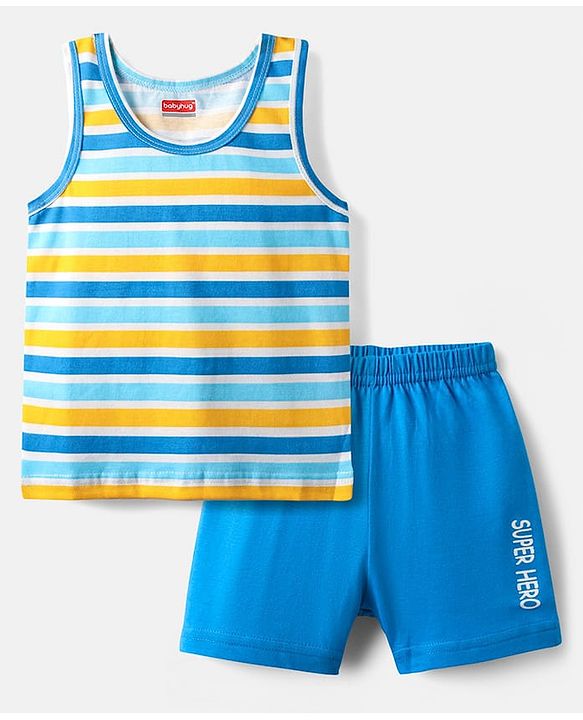 Babyhug 100% Cotton Single Jersey Knit Sando & Shorts Set With Stripes - Blue