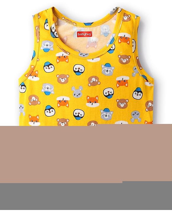 Babyhug 100% Cotton Knit Sleeveless Sando & Shorts Set with Animal Print- Yellow & Blue