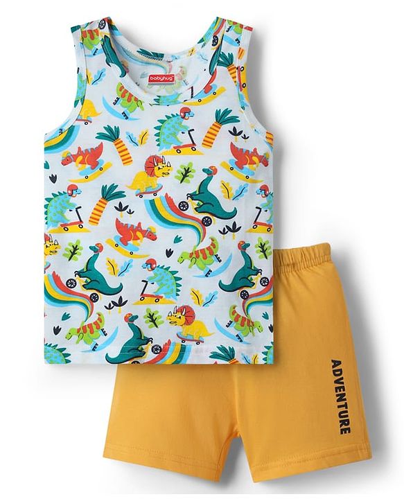 Babyhug 100% Cotton Sleeveless Vest With Dino Print & Shorts With Text Print -Multicolour