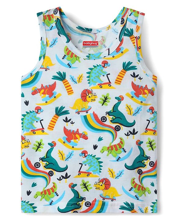 Babyhug 100% Cotton Sleeveless Vest With Dino Print & Shorts With Text Print -Multicolour