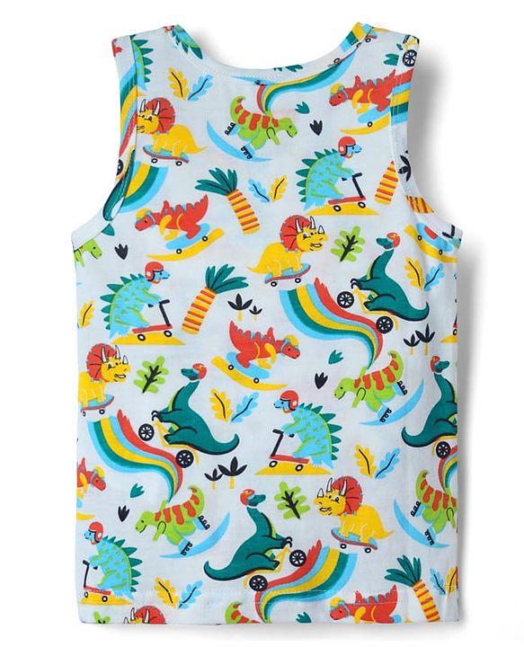 Babyhug 100% Cotton Sleeveless Vest With Dino Print & Shorts With Text Print -Multicolour
