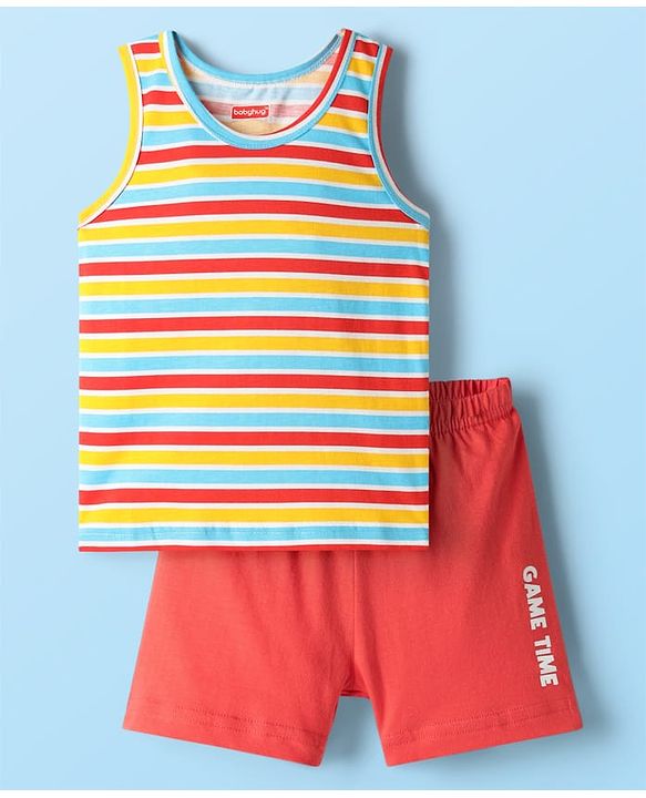Babyhug 100% Cotton Sleeveless Striped Vests & Shorts With Text Print - Red & Yellow
