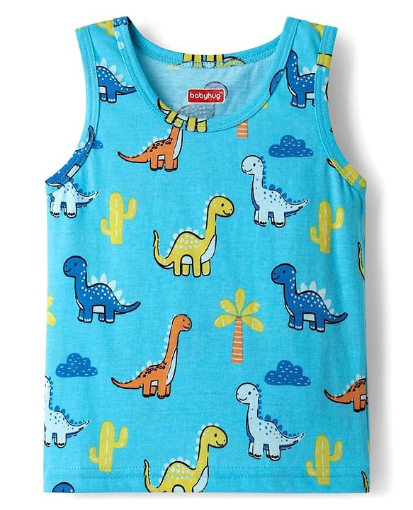 Babyhug 100% cotton Sleeveless Vests With Dino Print & Text Printed Shorts - Light Blue & Orange