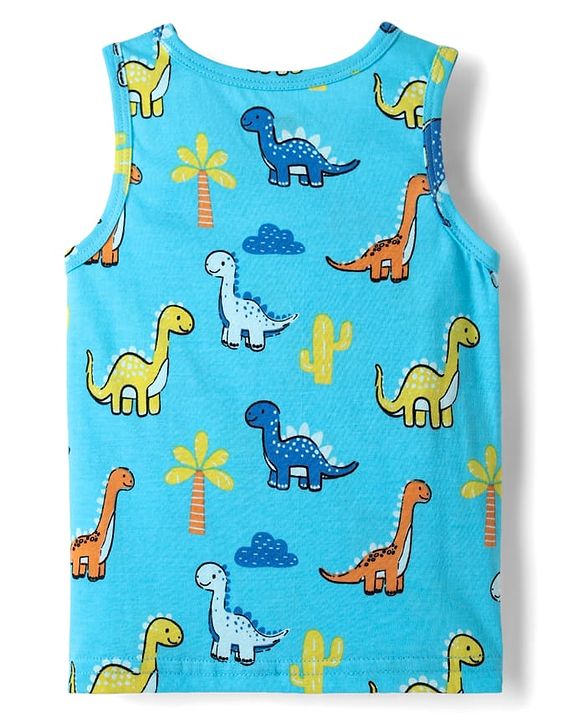 Babyhug 100% cotton Sleeveless Vests With Dino Print & Text Printed Shorts - Light Blue & Orange