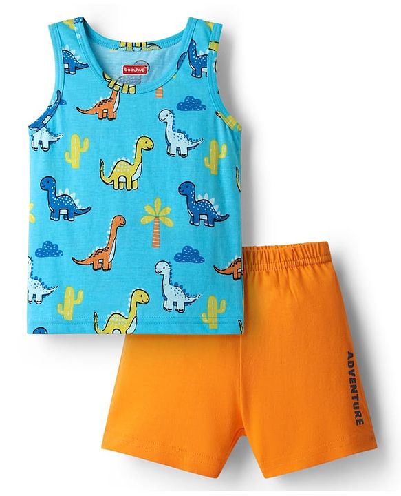 Babyhug 100% cotton Sleeveless Vests With Dino Print & Text Printed Shorts - Light Blue & Orange