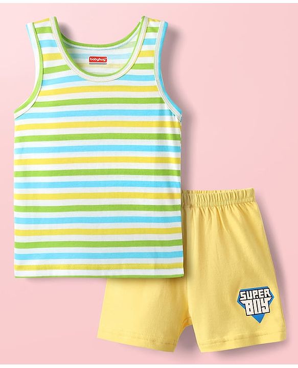 Babyhug 100% Cotton Knit Sleeveless Striped Sando & Shorts Set With Super Boy Print - Yellow