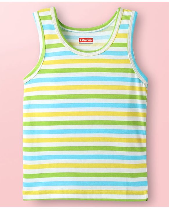 Babyhug 100% Cotton Knit Sleeveless Striped Sando & Shorts Set With Super Boy Print - Yellow