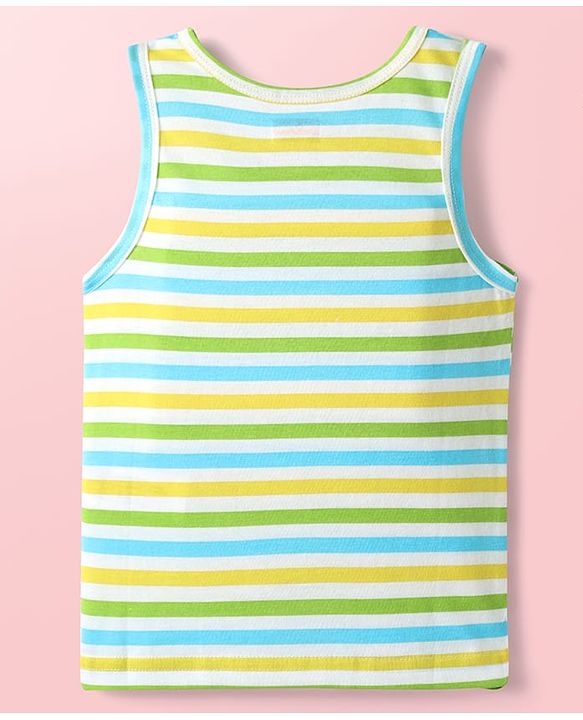 Babyhug 100% Cotton Knit Sleeveless Striped Sando & Shorts Set With Super Boy Print - Yellow