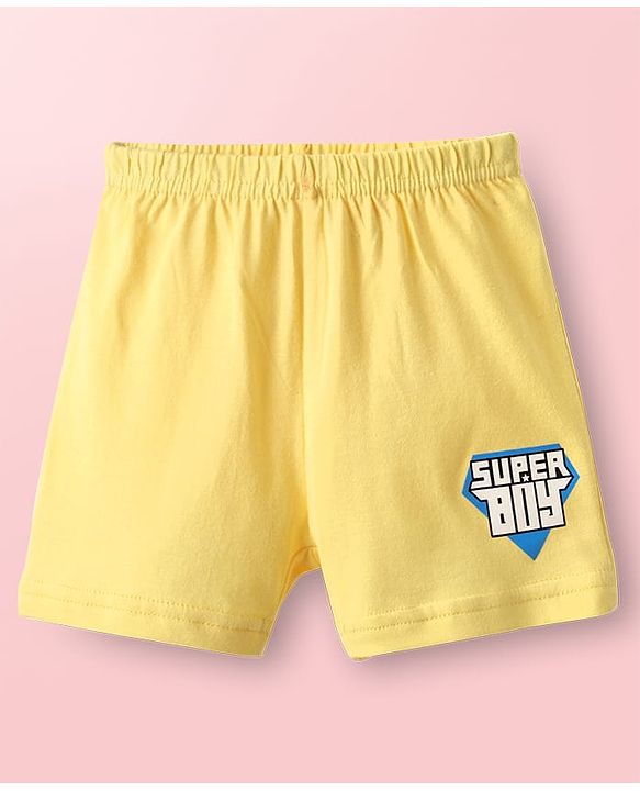 Babyhug 100% Cotton Knit Sleeveless Striped Sando & Shorts Set With Super Boy Print - Yellow