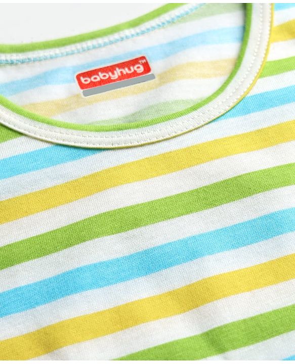 Babyhug 100% Cotton Knit Sleeveless Striped Sando & Shorts Set With Super Boy Print - Yellow