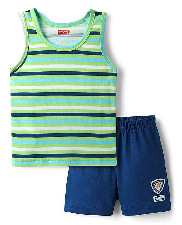 Babyhug 100% Cotton Sleeveless Sando & Shorts Set With Stripes - Green & Navy Blue