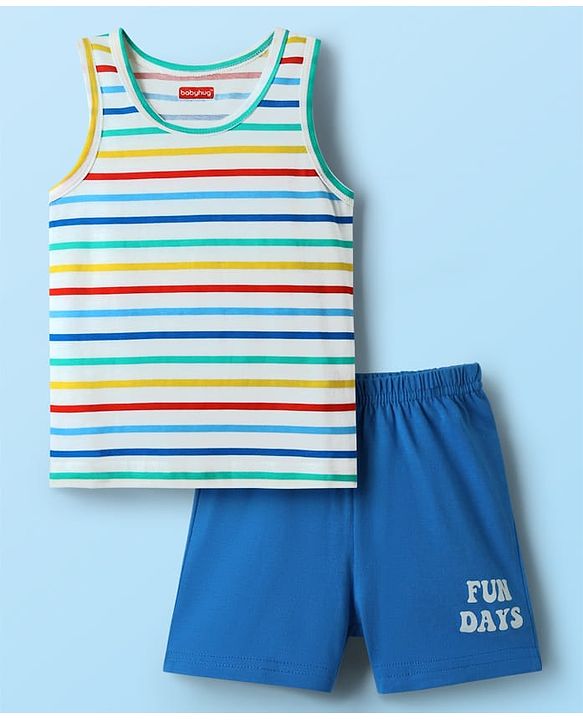 Babyhug 100% cotton Sleeveless Vests With Stripes & Text Printed Shorts - Multicolour