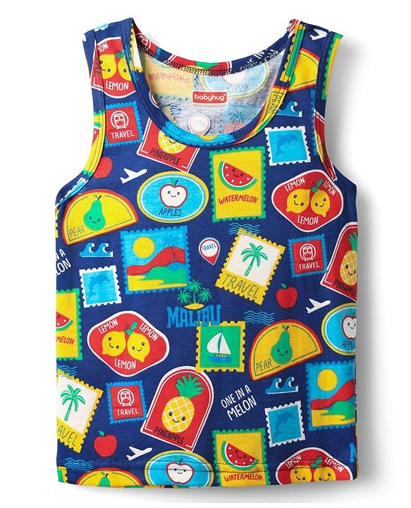 Babyhug 100% Cotton Single Jersey Knit Sando & Shorts Set With Tropical Theme Print - Navy Blue & Red