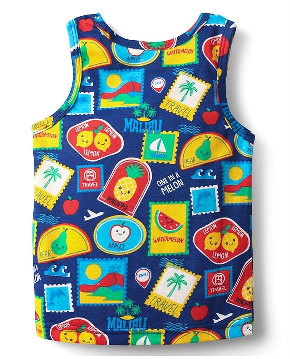 Babyhug 100% Cotton Single Jersey Knit Sando & Shorts Set With Tropical Theme Print - Navy Blue & Red