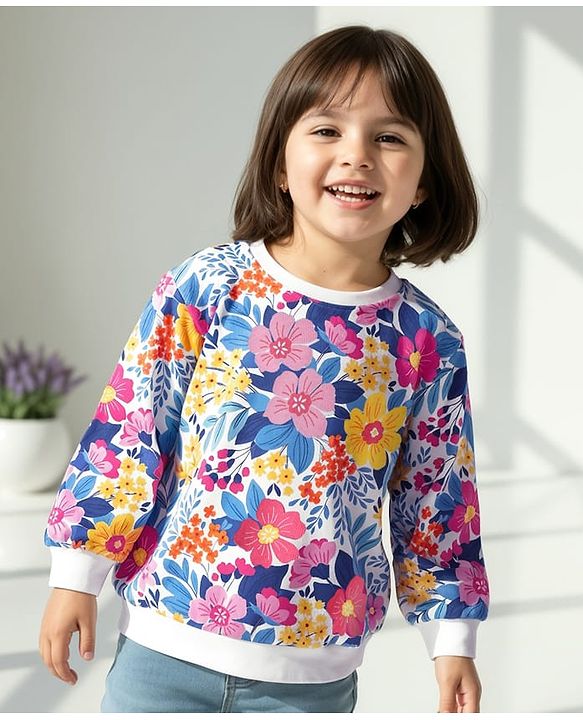 Babyhug Cotton Knit Full Sleeves Sweatshirt with Floral Print - White