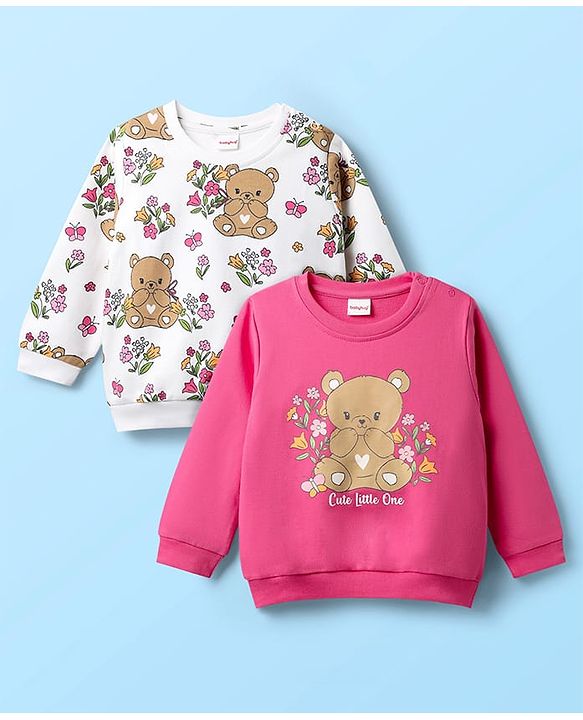 Babyhug Cotton Knit Full Sleeves Sweatshirts with Floral & Bear Print Pack of 2 - White & Pink