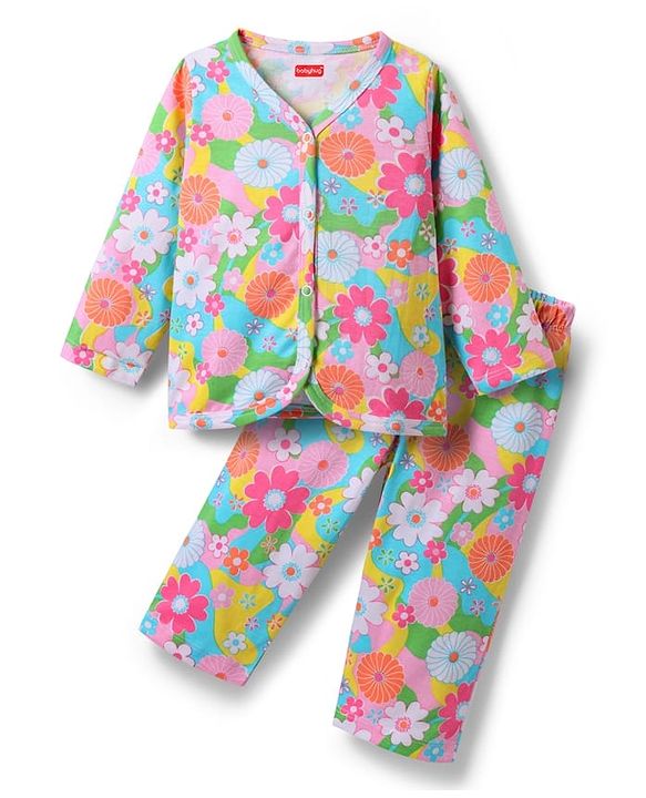Babyhug Single Jersey Knit Full Sleeves Co-ords Top & Lounge Pant Set with Floral Print - Light Blue