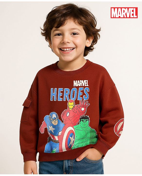 Babyhug Marvel Terry Knit Drop Shoulder Full Sleeves Sweatshirt With Avengers Graphic & Pocket detailing - Brown