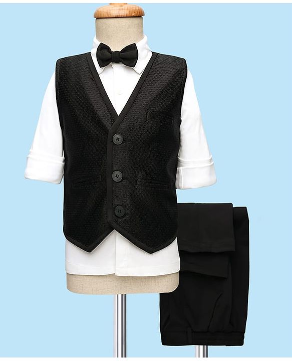 Babyhug Knitted Full Sleeves Textured Party Suit with Waistcoat Shirt Pant & Bow - Black & White