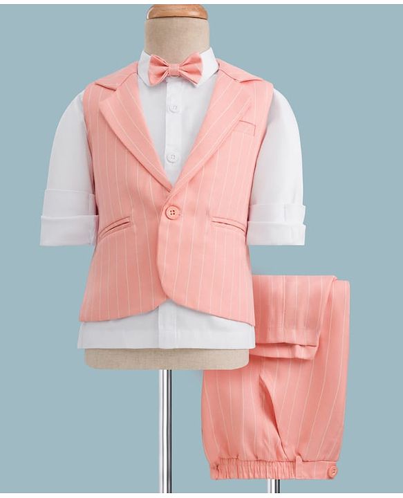 Babyhug Woven Full Sleeves Striped Three Piece Party Suit with Bow - Peach