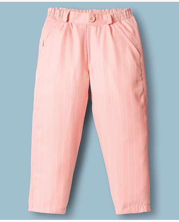 Babyhug Woven Full Sleeves Striped Three Piece Party Suit with Bow - Peach