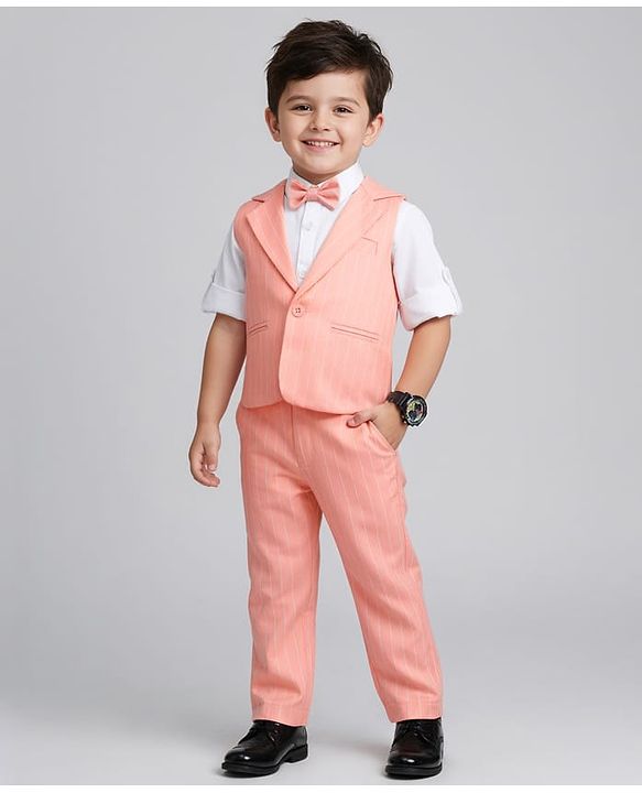 Babyhug Woven Full Sleeves Striped Three Piece Party Suit with Bow - Peach