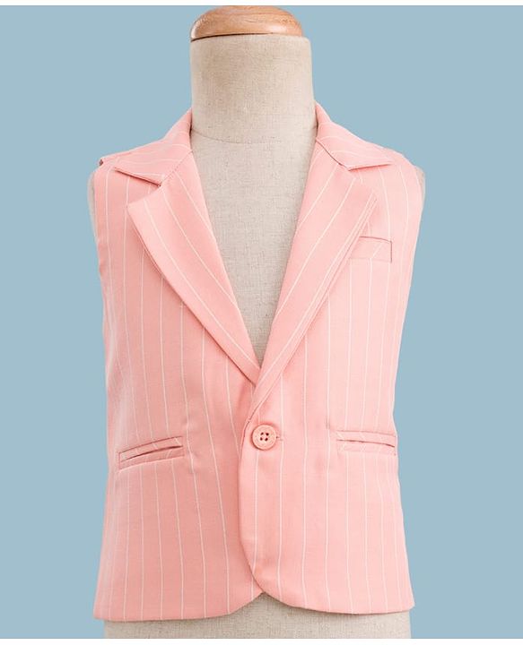 Babyhug Woven Full Sleeves Striped Three Piece Party Suit with Bow - Peach