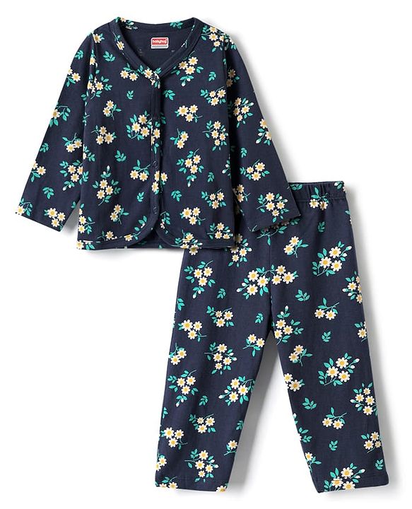 Babyhug Single Jersey Knit Full Sleeves Co-ord Top & Lounge Pant Set with Floral Print - Navy Blue