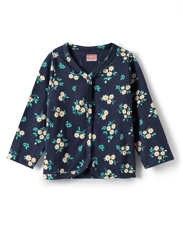 Babyhug Single Jersey Knit Full Sleeves Co-ord Top & Lounge Pant Set with Floral Print - Navy Blue