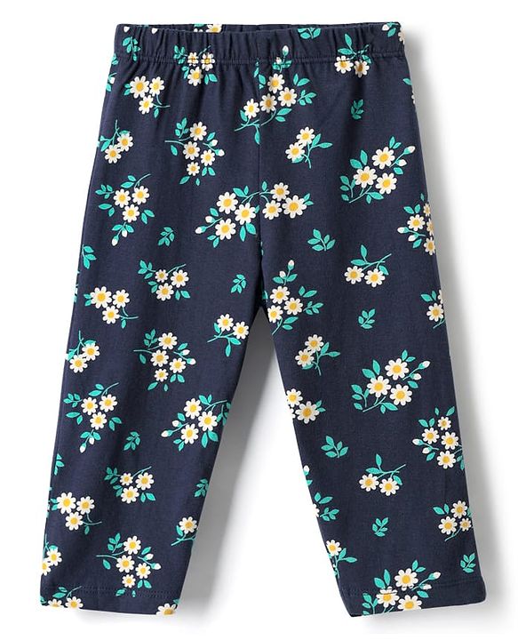 Babyhug Single Jersey Knit Full Sleeves Co-ord Top & Lounge Pant Set with Floral Print - Navy Blue