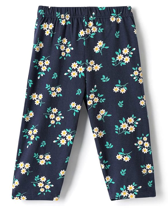 Babyhug Single Jersey Knit Full Sleeves Co-ord Top & Lounge Pant Set with Floral Print - Navy Blue