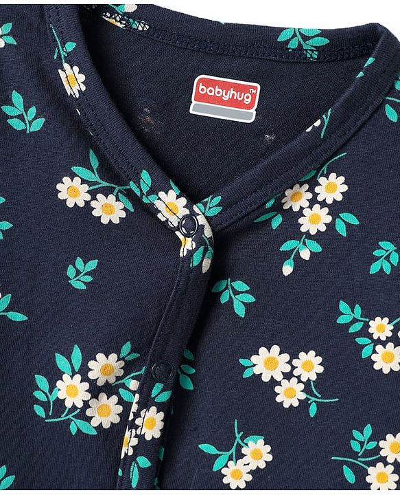 Babyhug Single Jersey Knit Full Sleeves Co-ord Top & Lounge Pant Set with Floral Print - Navy Blue