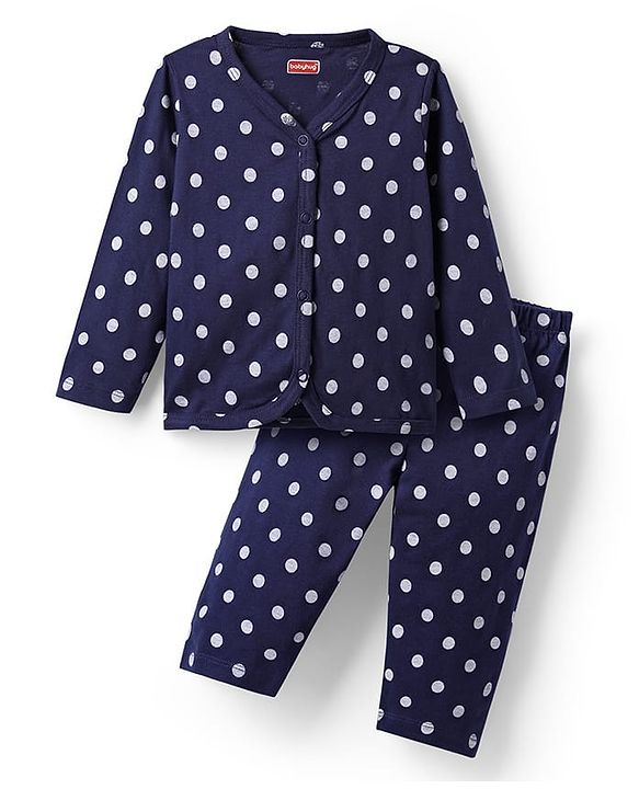 Babyhug Single Jersey Knit Full Sleeves Co-ords  Top & Lounge Pant  Set with Polka Dot Print - Navy Blue