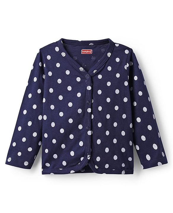 Babyhug Single Jersey Knit Full Sleeves Co-ords  Top & Lounge Pant  Set with Polka Dot Print - Navy Blue