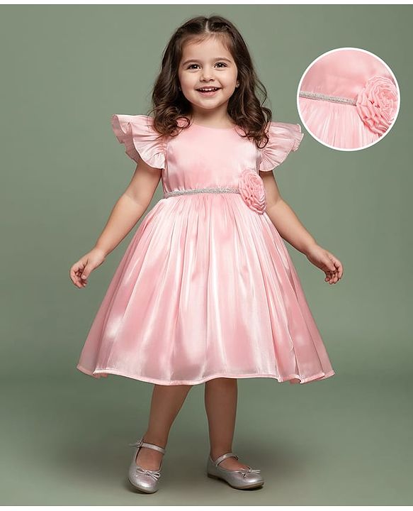 Babyhug Woven Cap Frill Sleeves Fit & Flare Party Dress with Corsage Applique - Pink