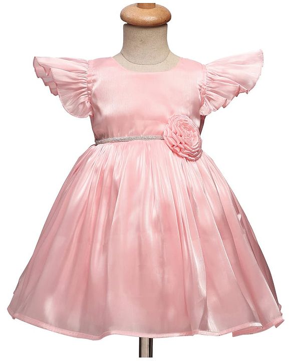 Babyhug Woven Cap Frill Sleeves Fit & Flare Party Dress with Corsage Applique - Pink