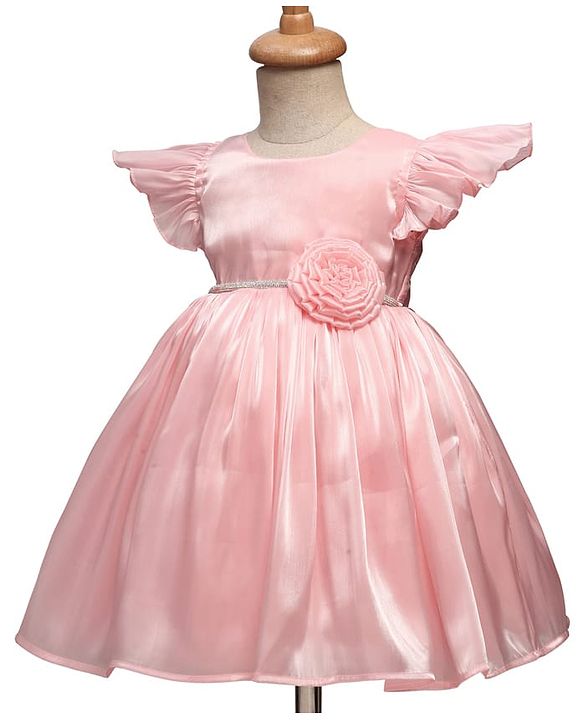Babyhug Woven Cap Frill Sleeves Fit & Flare Party Dress with Corsage Applique - Pink