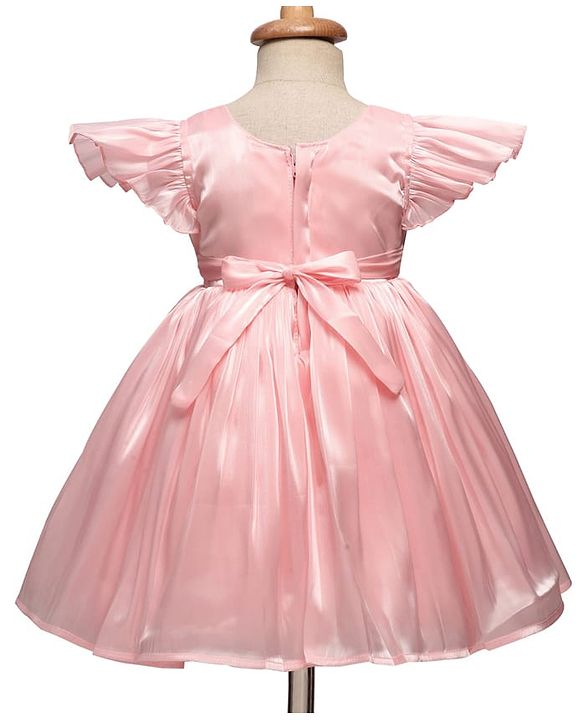 Babyhug Woven Cap Frill Sleeves Fit & Flare Party Dress with Corsage Applique - Pink
