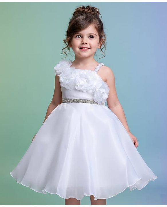 Babyhug Glass Nylon 5 Layers Sleeveless Party Dress With Floral Corsage & Embellished Waist Belt Detailing & Cotton Lining - White