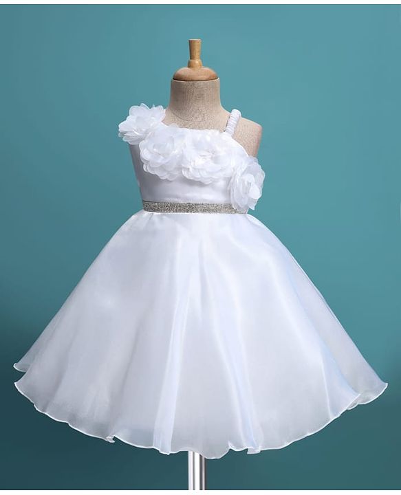 Babyhug Glass Nylon 5 Layers Sleeveless Party Dress With Floral Corsage & Embellished Waist Belt Detailing & Cotton Lining - White