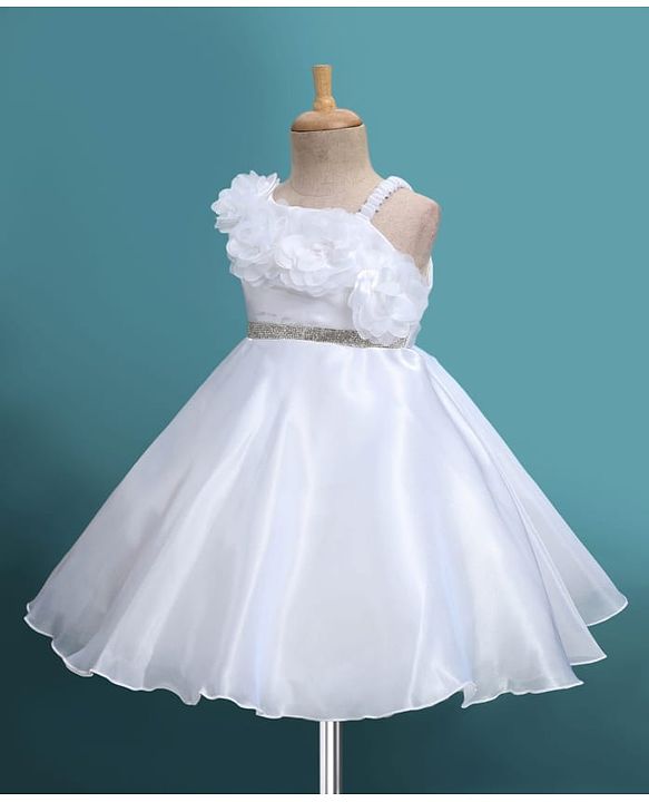Babyhug Glass Nylon 5 Layers Sleeveless Party Dress With Floral Corsage & Embellished Waist Belt Detailing & Cotton Lining - White