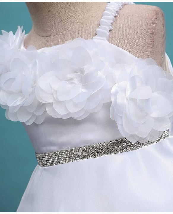 Babyhug Glass Nylon 5 Layers Sleeveless Party Dress With Floral Corsage & Embellished Waist Belt Detailing & Cotton Lining - White